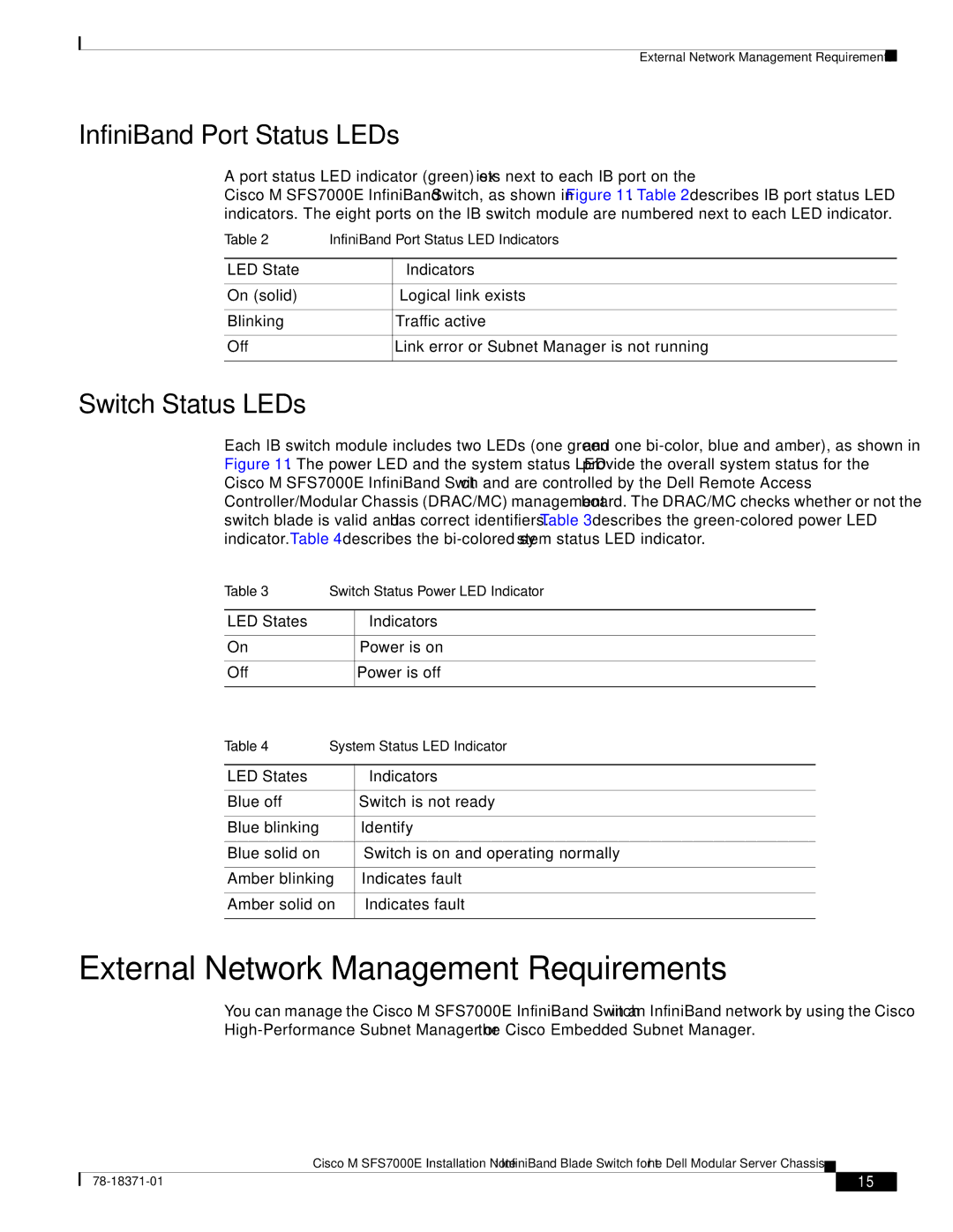 Cisco Systems M SFS7000E specifications External Network Management Requirements, InfiniBand Port Status LED Indicators 