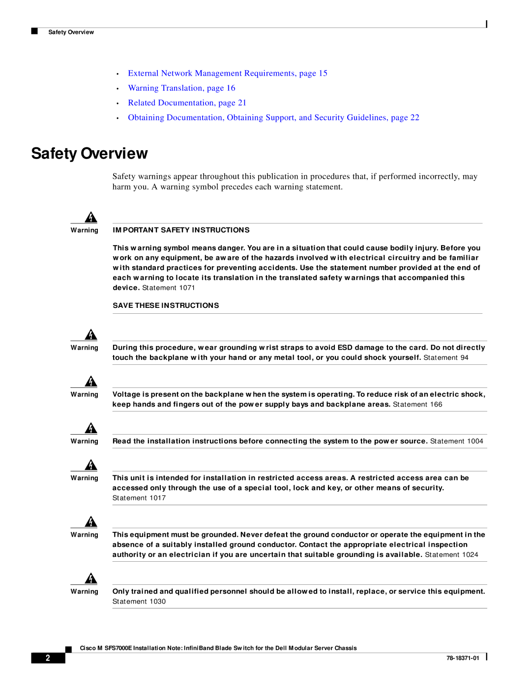 Cisco Systems M SFS7000E specifications Safety Overview 