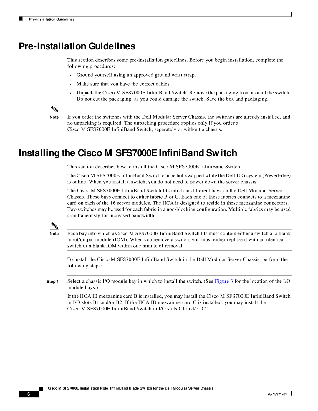 Cisco Systems specifications Pre-installation Guidelines, Installing the Cisco M SFS7000E InfiniBand Switch 