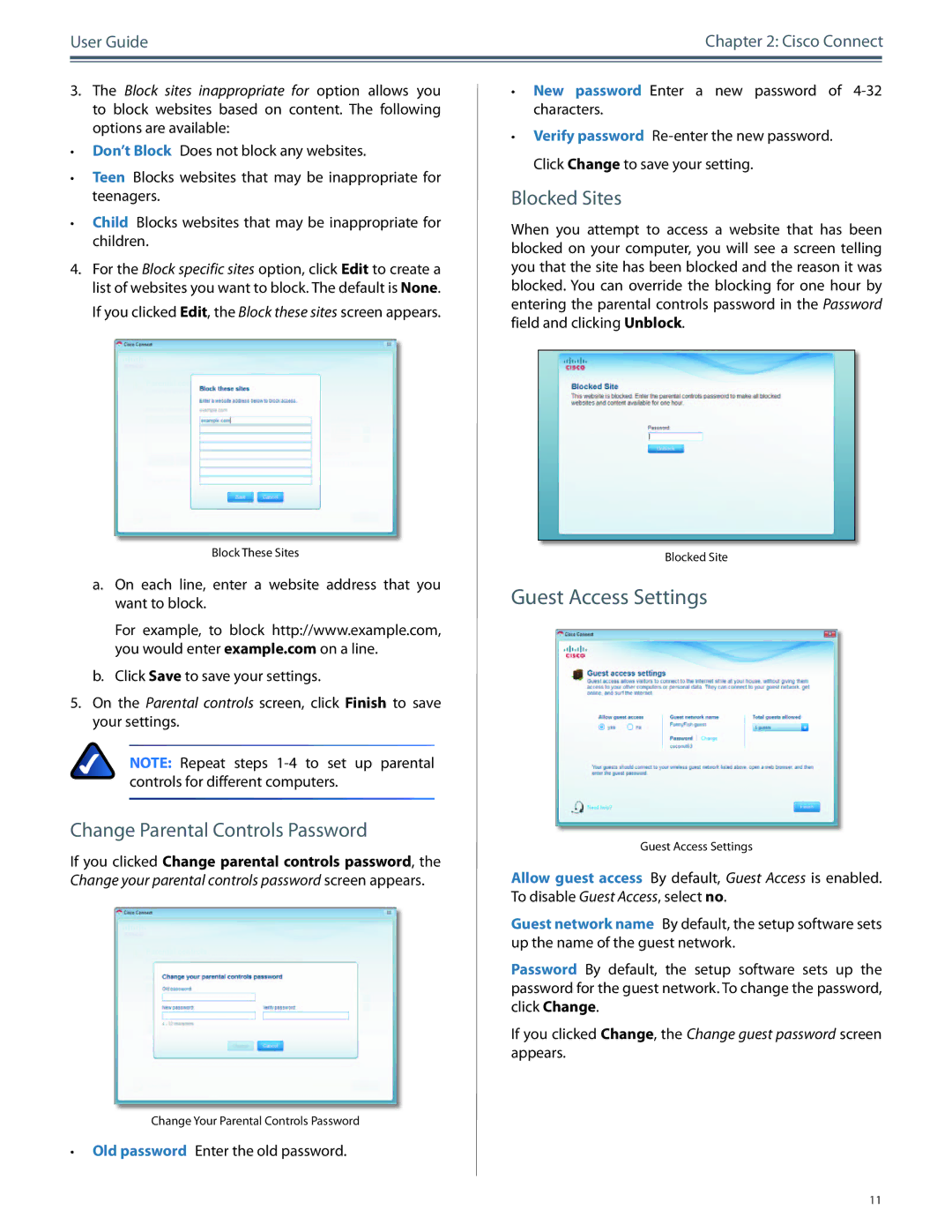 Cisco Systems M10, M20 manual Guest Access Settings, Blocked Sites, Change Parental Controls Password 