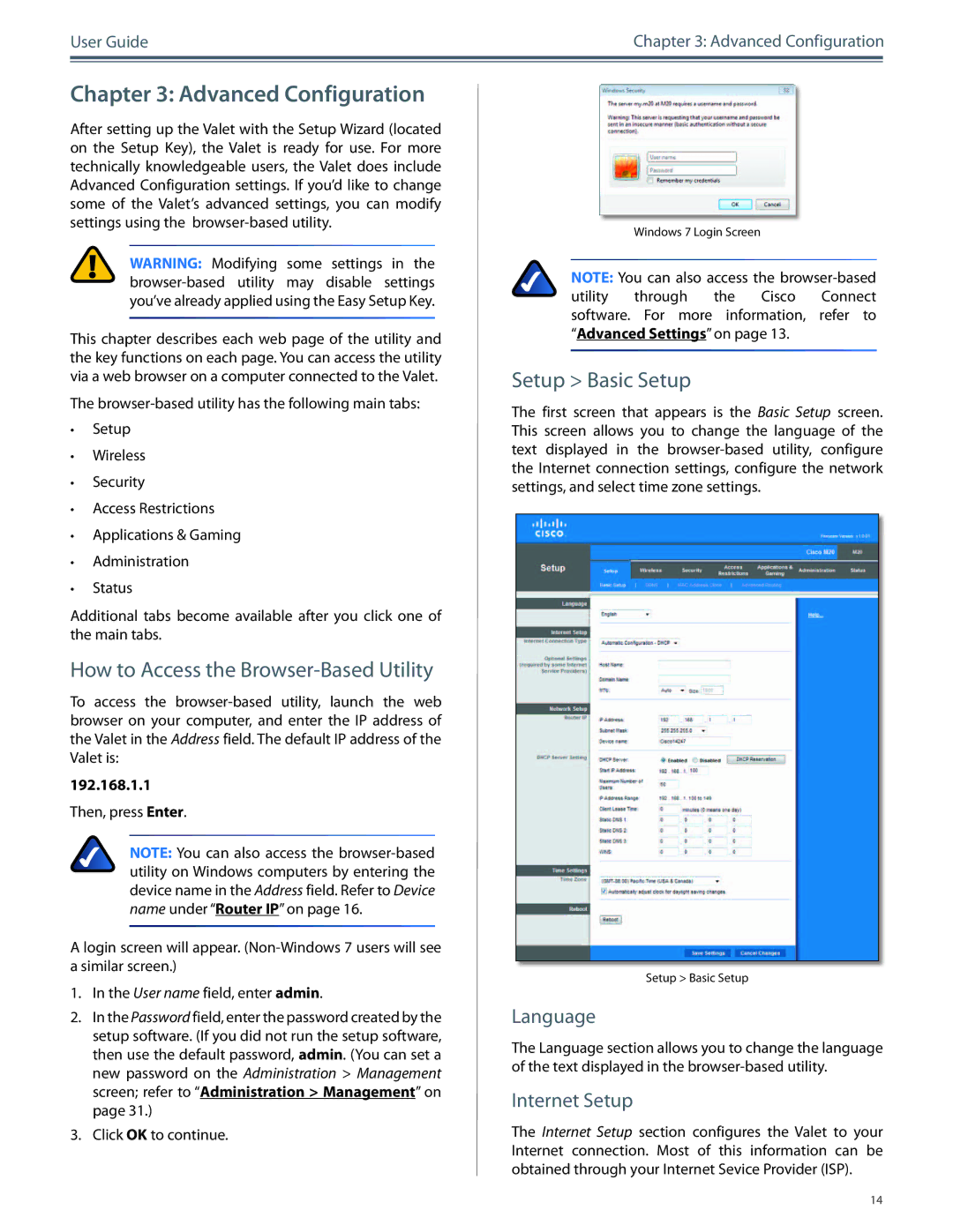 Cisco Systems M20, M10 manual How to Access the Browser-Based Utility, Setup Basic Setup, Language, Internet Setup 