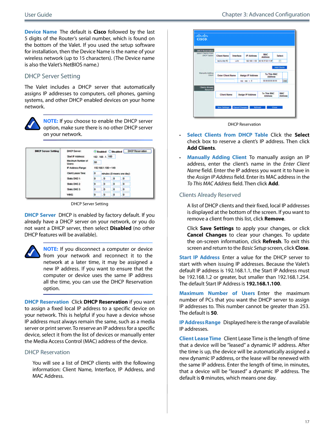 Cisco Systems M10, M20 manual Dhcp Server Setting, Dhcp Reservation, Clients Already Reserved 