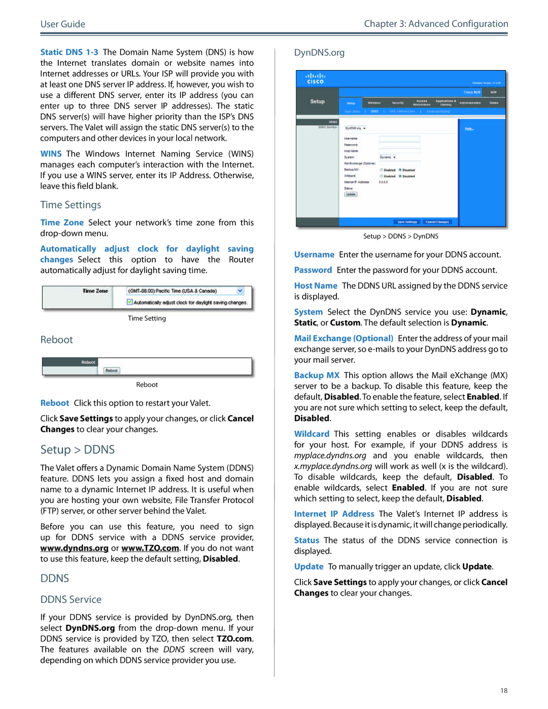 Cisco Systems M20, M10 manual Setup Ddns, Time Settings, Reboot, Ddns Service, DynDNS..org 