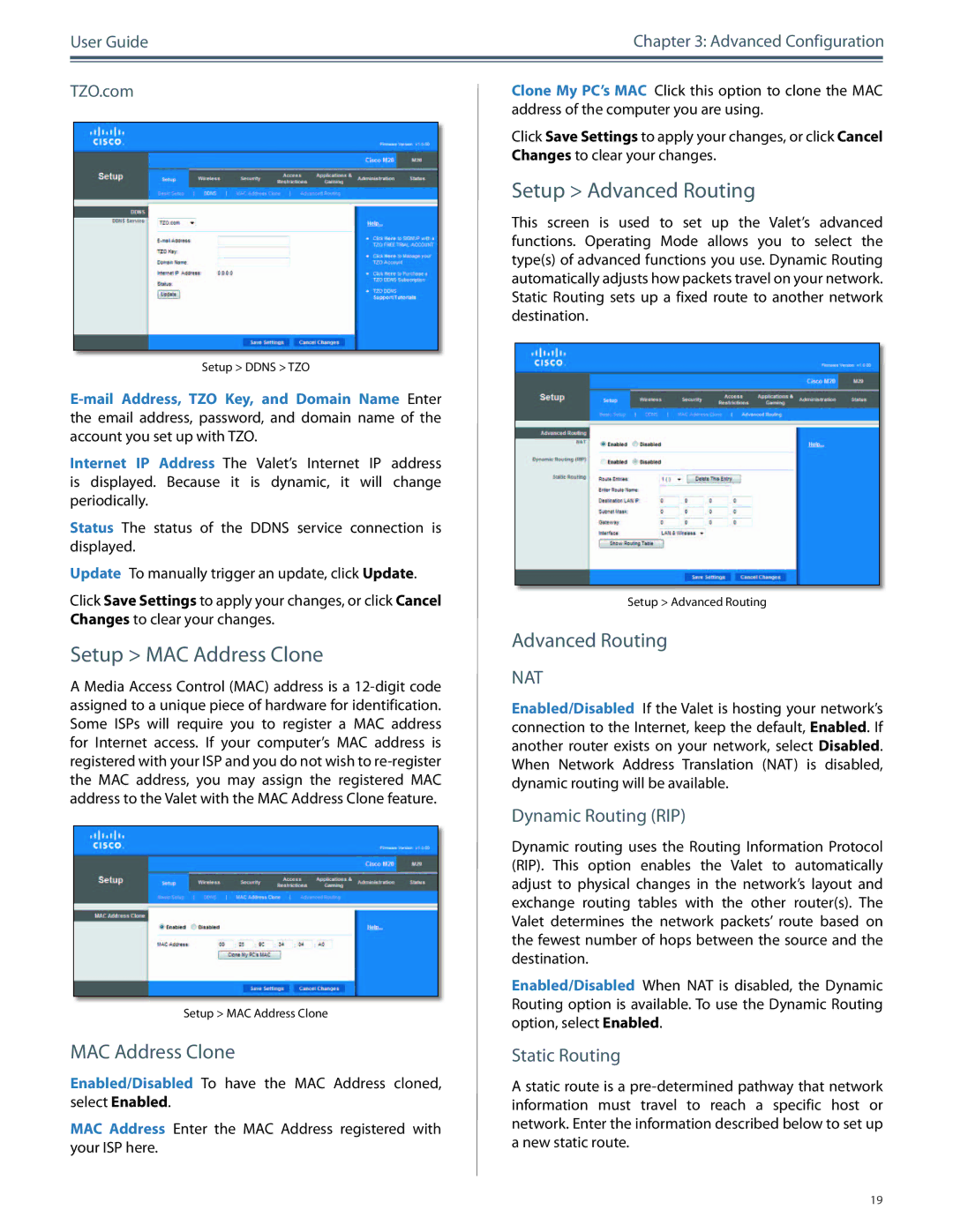 Cisco Systems M10, M20 manual Setup MAC Address Clone, Setup Advanced Routing 