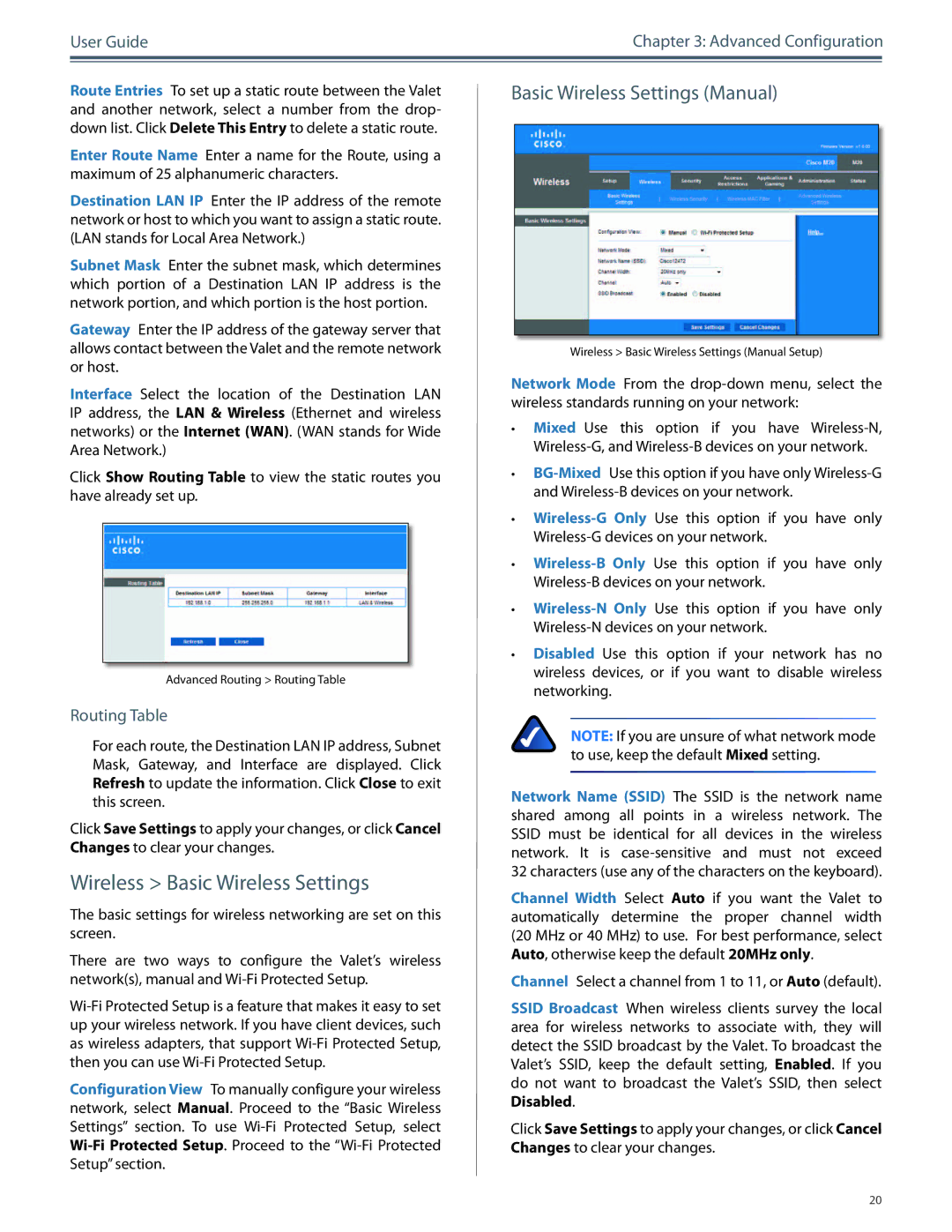 Cisco Systems M20, M10 manual Wireless Basic Wireless Settings, Basic Wireless Settings Manual, Routing Table 