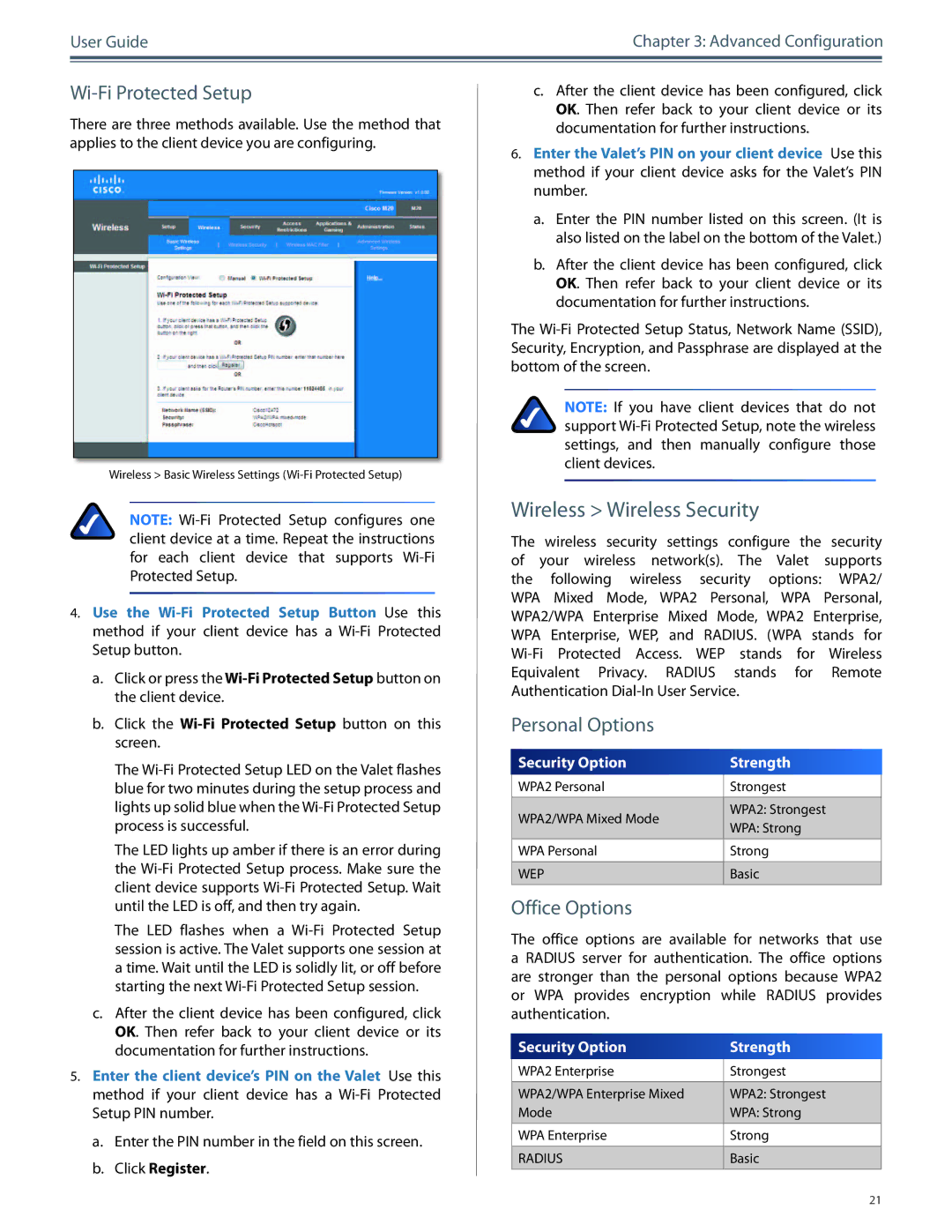 Cisco Systems M10, M20 manual Wireless Wireless Security, Wi-Fi Protected Setup, Personal Options, Office Options 