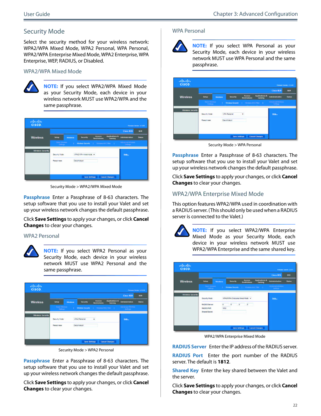 Cisco Systems M20, M10 manual Security Mode, WPA2/WPA Enterprise Mixed Mode, WPA2/WPA Mixed Mode, WPA2 Personal WPA Personal 