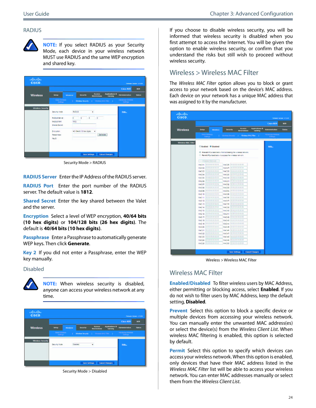 Cisco Systems M20, M10 manual Wireless Wireless MAC Filter, Disabled 