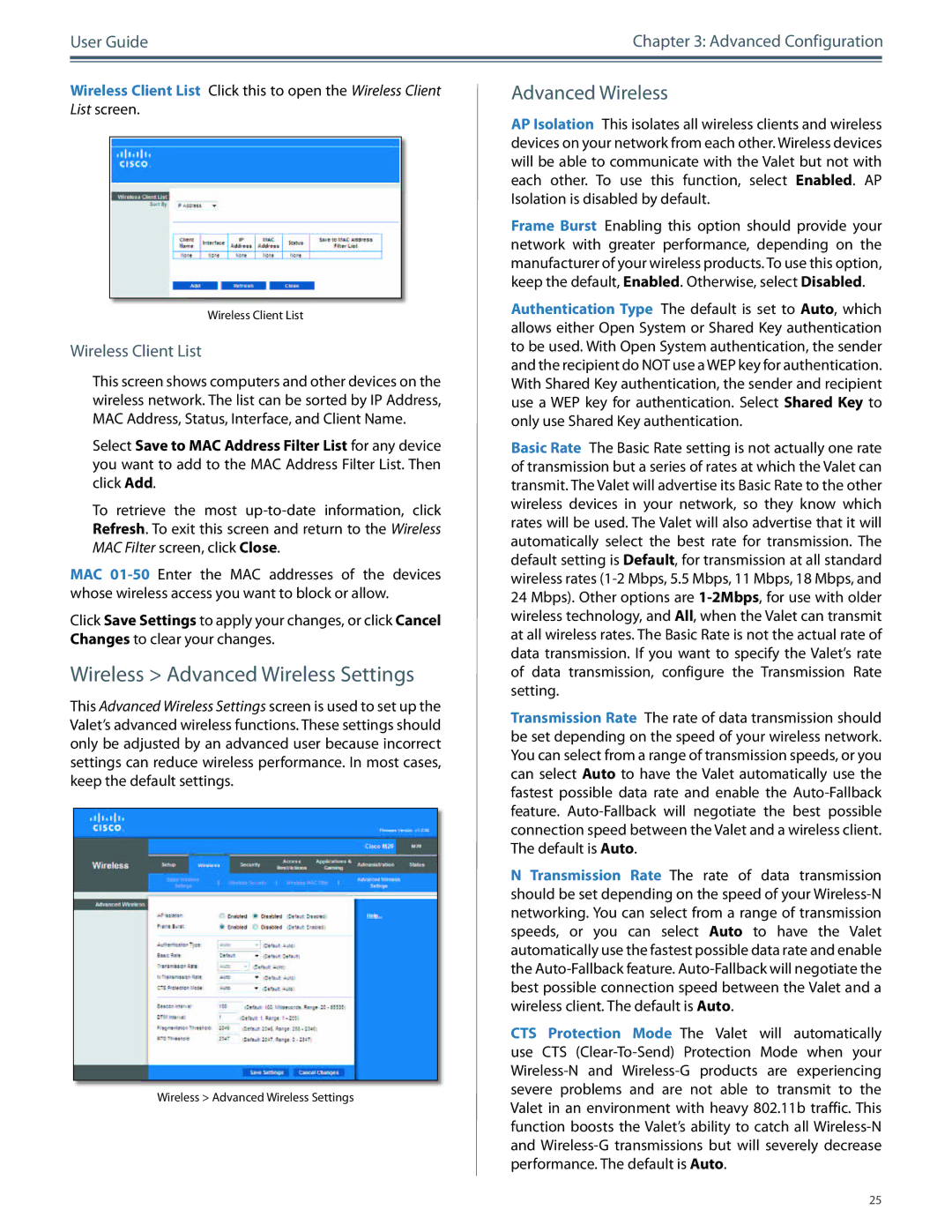 Cisco Systems M10, M20 manual Wireless Advanced Wireless Settings, Wireless Client List 