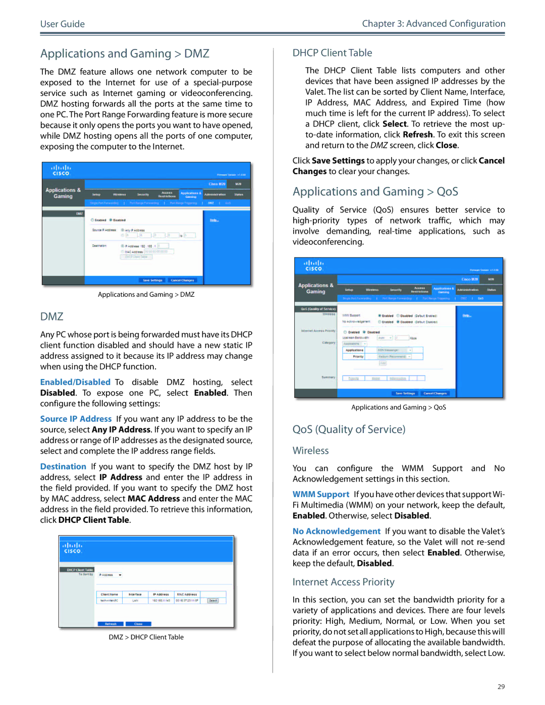 Cisco Systems M10, M20 manual Applications and Gaming DMZ, Applications and Gaming QoS, QoS Quality of Service 