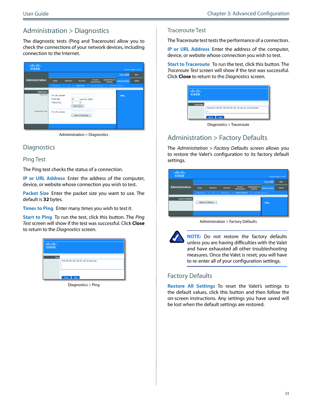 Cisco Systems M10, M20 manual Administration Diagnostics, Administration Factory Defaults 