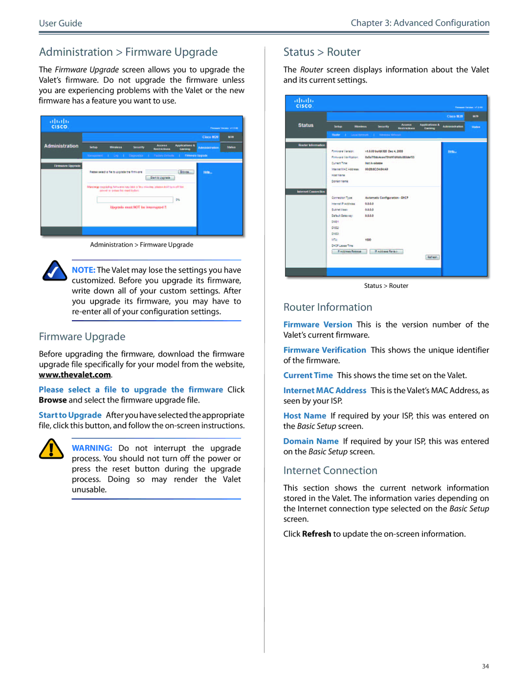 Cisco Systems M20, M10 manual Administration Firmware Upgrade, Status Router, Router Information, Internet Connection 