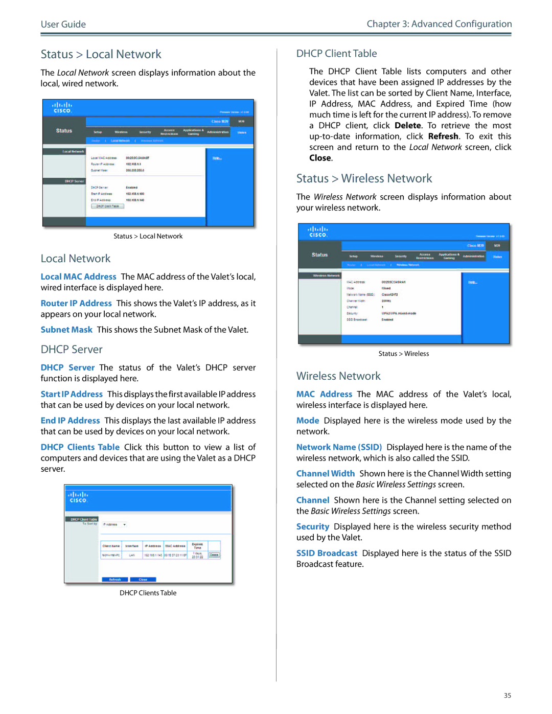 Cisco Systems M10, M20 manual Status Local Network, Status Wireless Network, Dhcp Server 