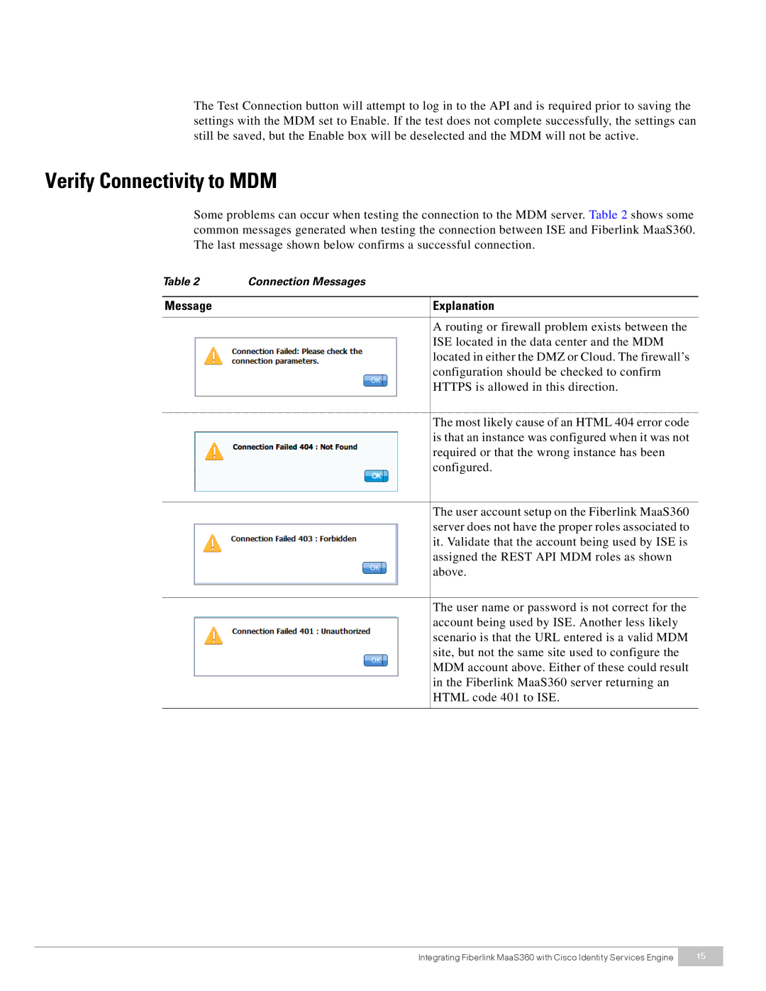 Cisco Systems MaaS360 manual Verify Connectivity to MDM, Message Explanation 