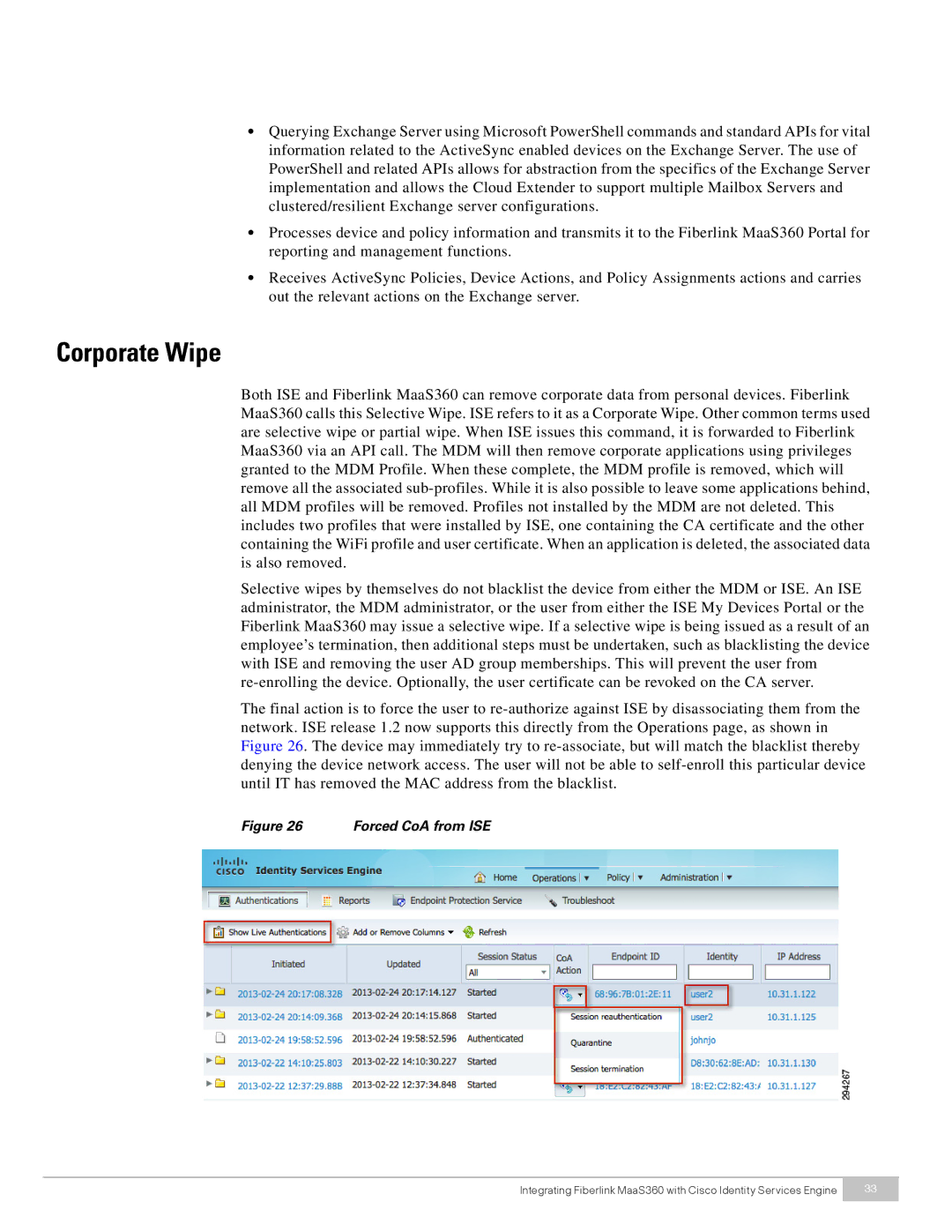 Cisco Systems MaaS360 manual Corporate Wipe, Forced CoA from ISE 