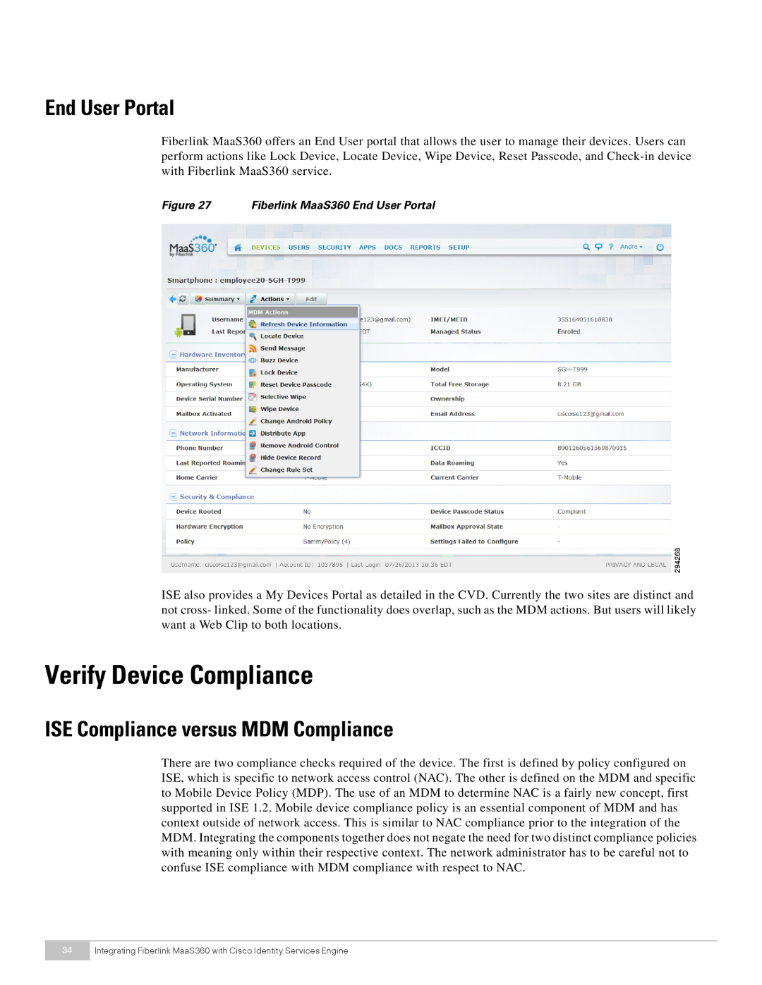 Cisco Systems MaaS360 manual Verify Device Compliance, End User Portal, ISE Compliance versus MDM Compliance 