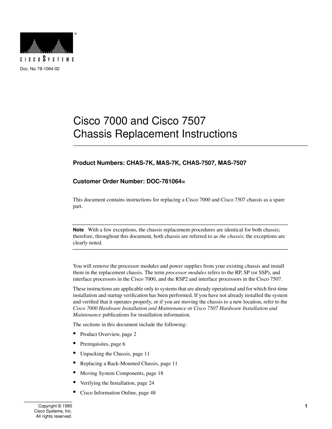 Cisco Systems MAS-7K, MAS-7507, CHAS-7507, CHAS-7K manual Cisco 7000 and Cisco Chassis Replacement Instructions 