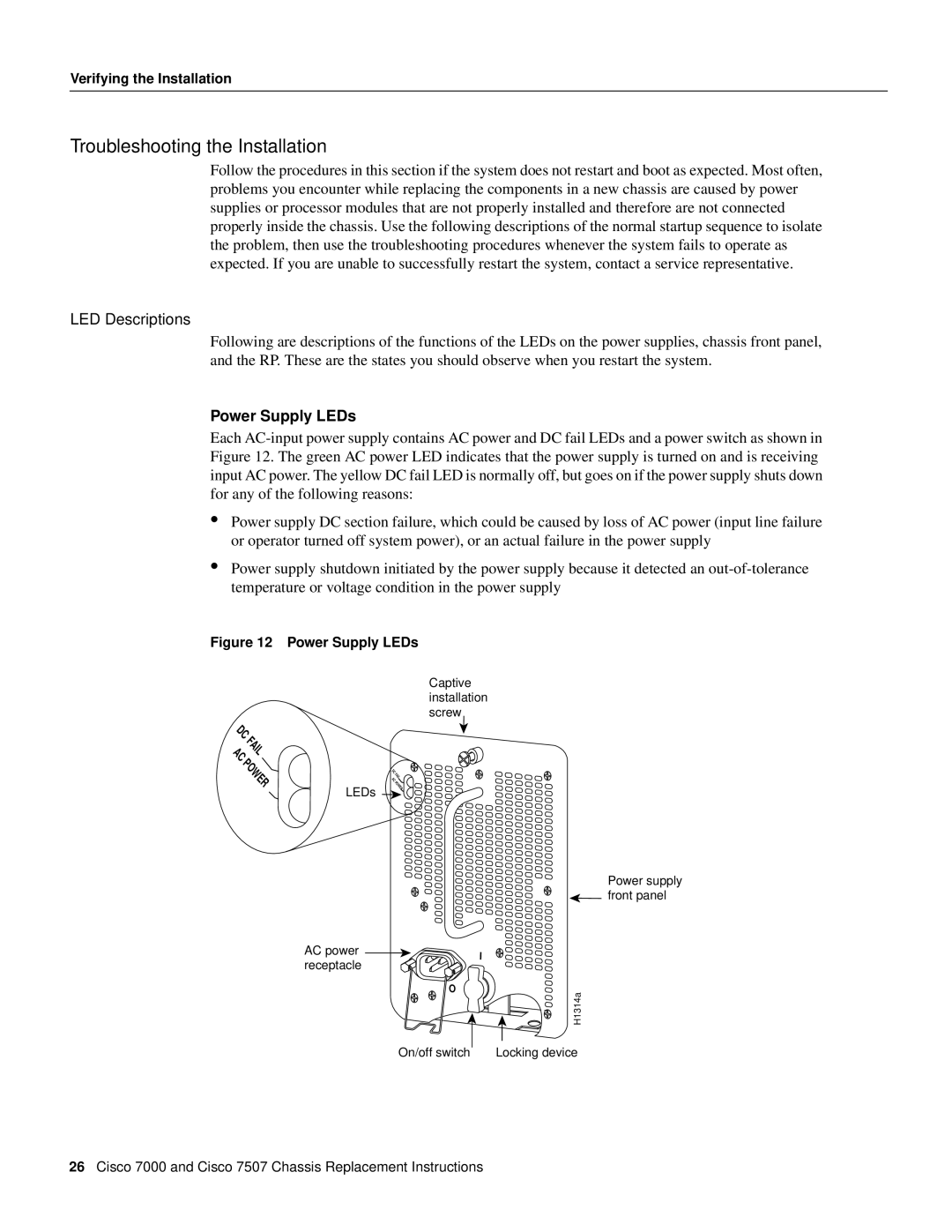 Cisco Systems CHAS-7507, MAS-7507, MAS-7K, CHAS-7K manual Troubleshooting the Installation, LED Descriptions 