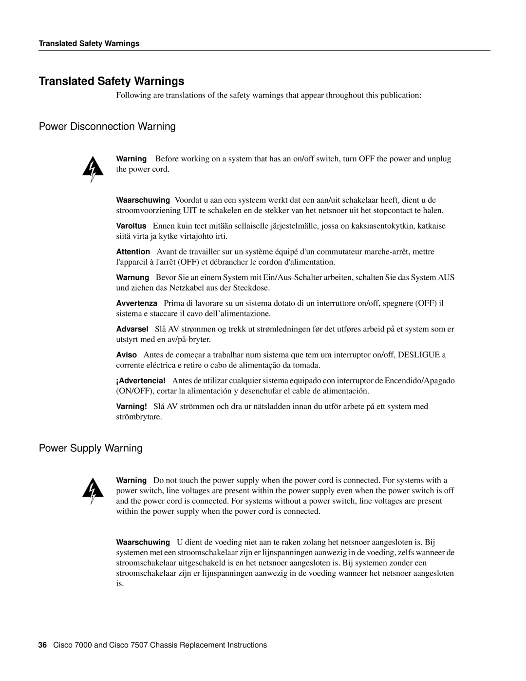 Cisco Systems MAS-7507, MAS-7K, CHAS-7507 Translated Safety Warnings, Power Disconnection Warning, Power Supply Warning 