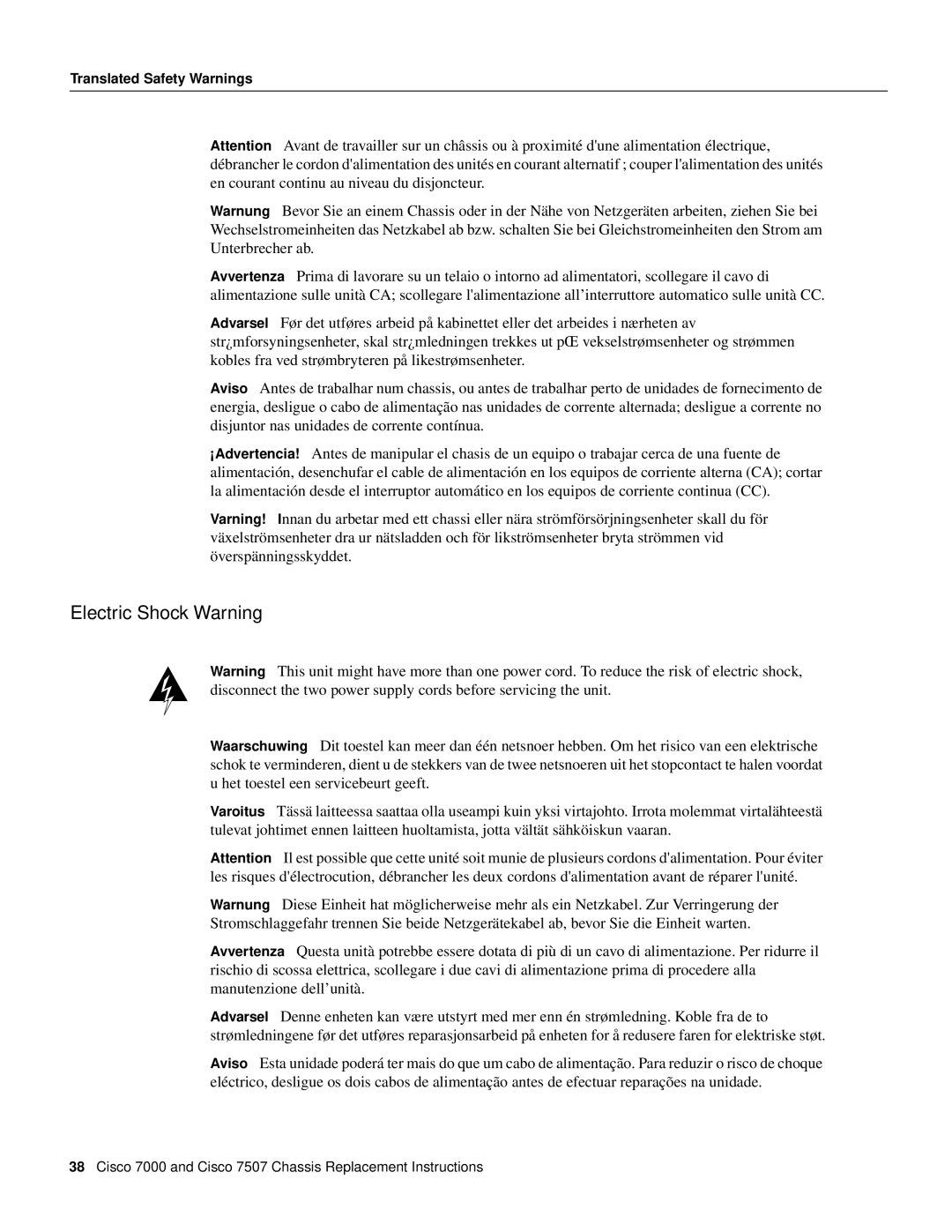 Cisco Systems CHAS-7507, MAS-7507, MAS-7K, CHAS-7K manual Electric Shock Warning 