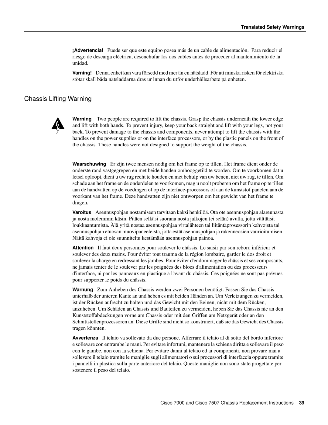 Cisco Systems CHAS-7K, MAS-7507, MAS-7K, CHAS-7507 manual Chassis Lifting Warning 