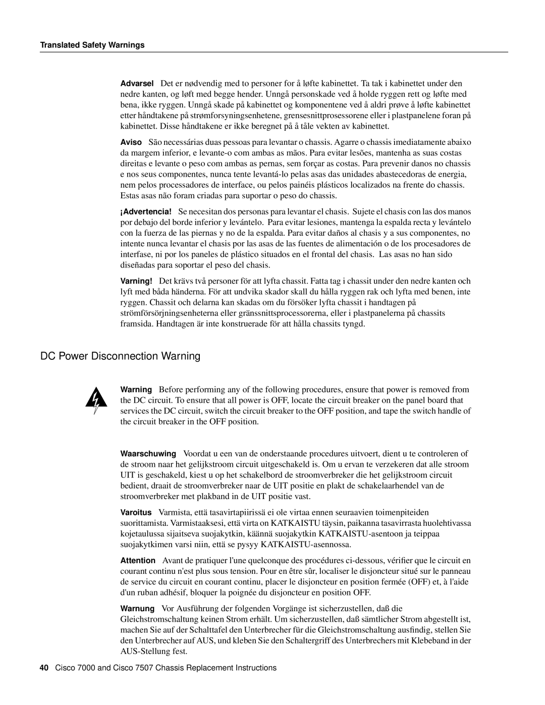 Cisco Systems MAS-7507, MAS-7K, CHAS-7507, CHAS-7K manual DC Power Disconnection Warning 