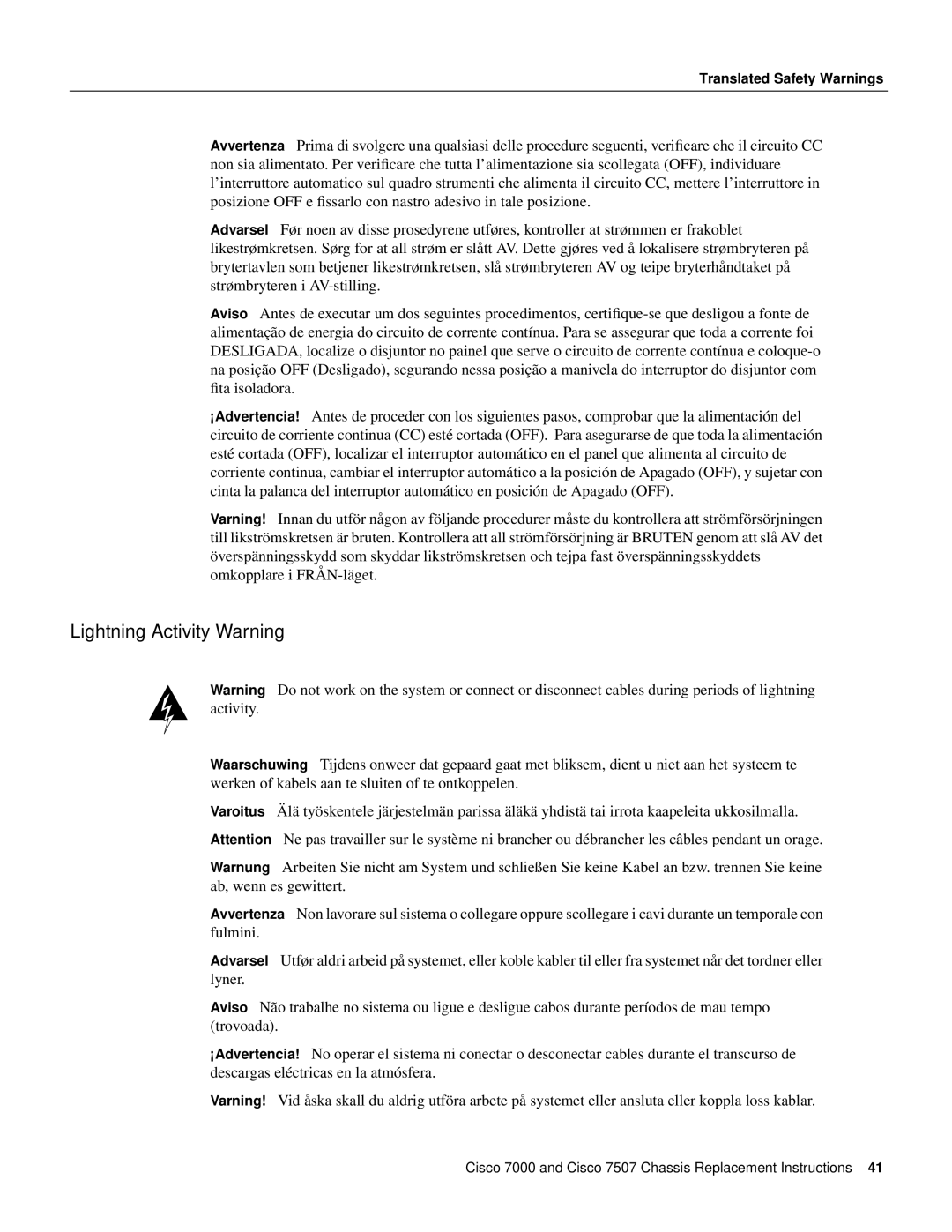 Cisco Systems MAS-7K, MAS-7507, CHAS-7507, CHAS-7K manual Lightning Activity Warning 