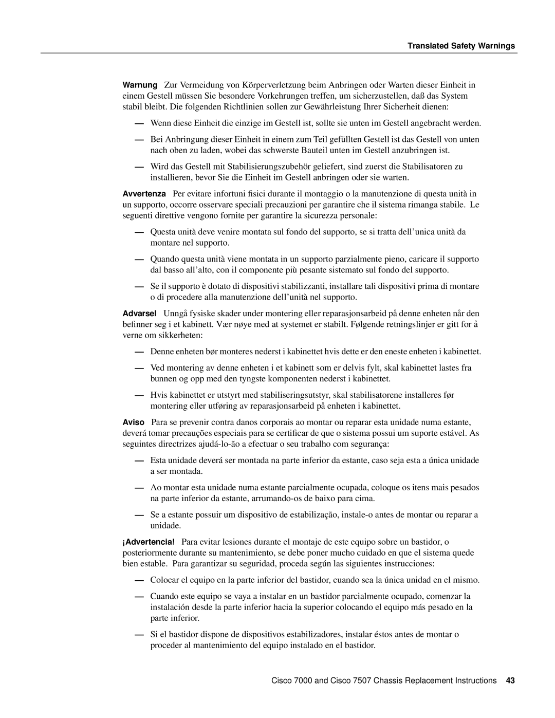 Cisco Systems CHAS-7K, MAS-7507, MAS-7K, CHAS-7507 manual Translated Safety Warnings 