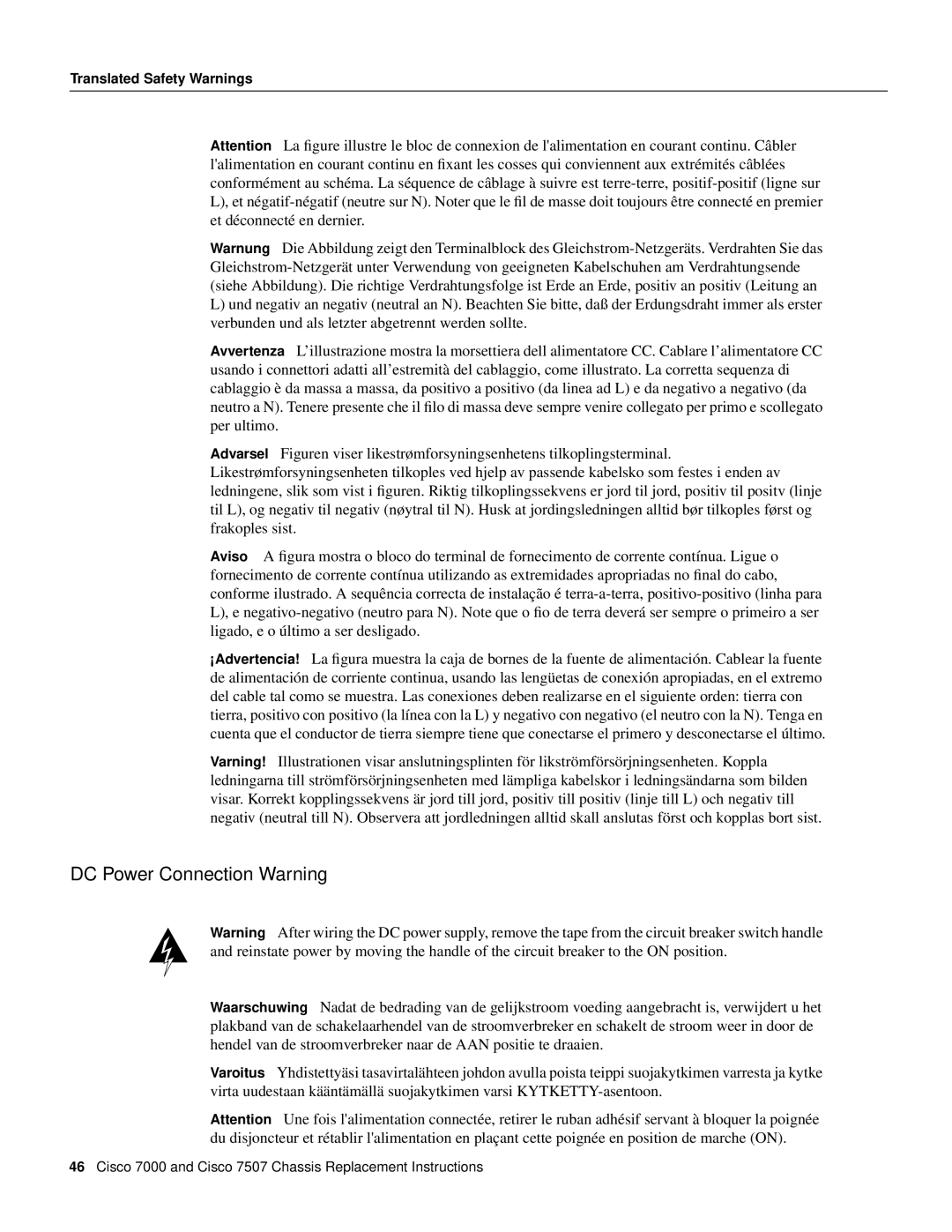 Cisco Systems CHAS-7507, MAS-7507, MAS-7K, CHAS-7K manual DC Power Connection Warning 