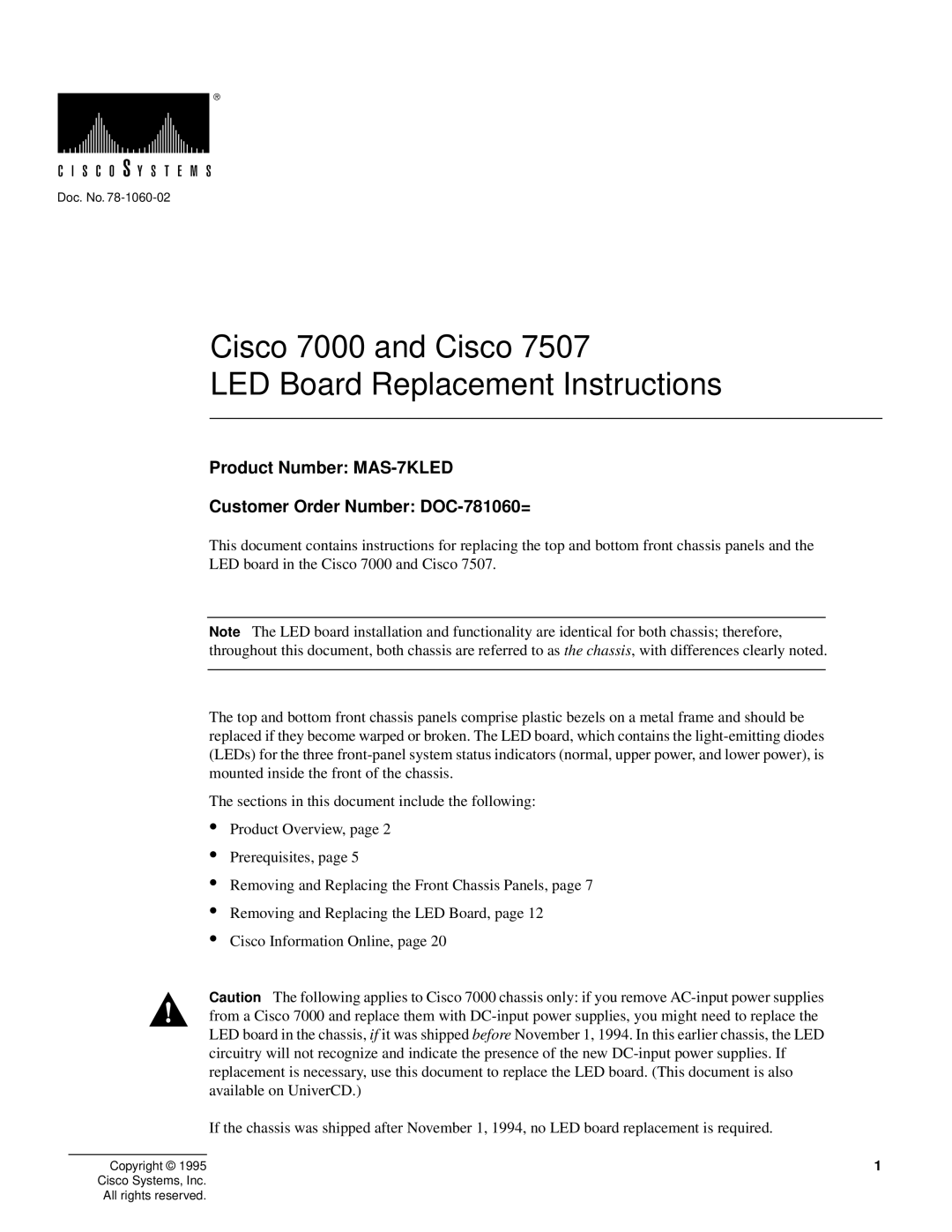 Cisco Systems MAS-7KLED manual Cisco 7000 and Cisco LED Board Replacement Instructions 