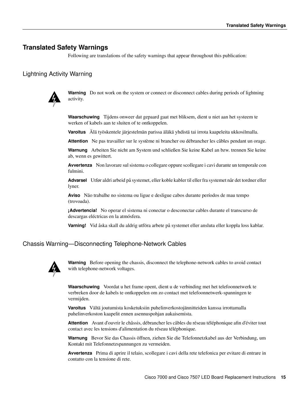 Cisco Systems MAS-7KLED manual Translated Safety Warnings, Lightning Activity Warning 