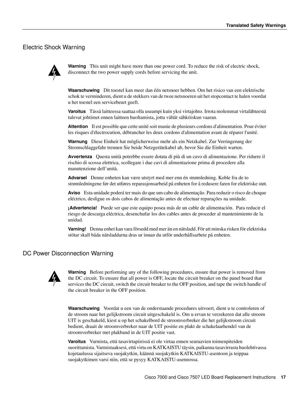 Cisco Systems MAS-7KLED manual Electric Shock Warning, DC Power Disconnection Warning 