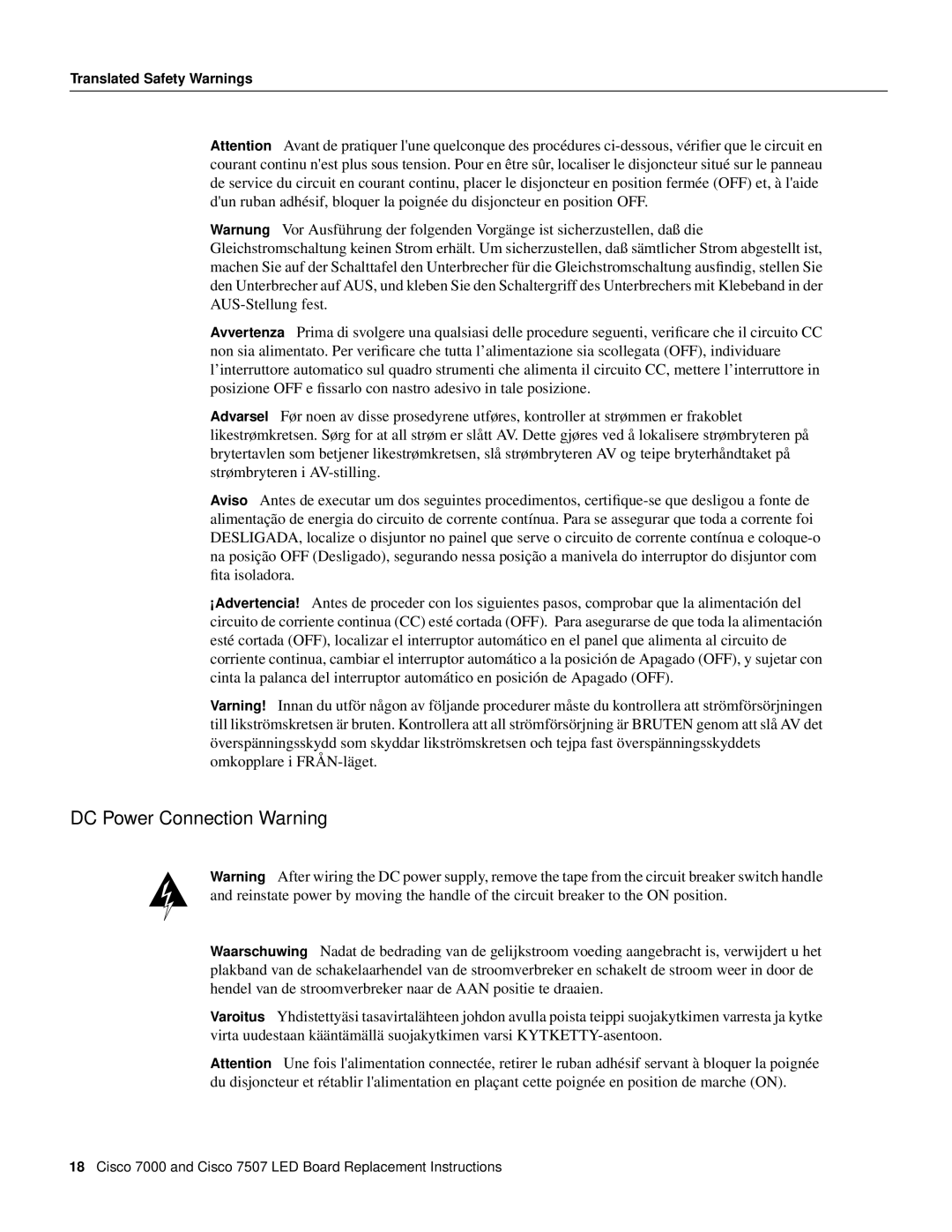 Cisco Systems MAS-7KLED manual DC Power Connection Warning 