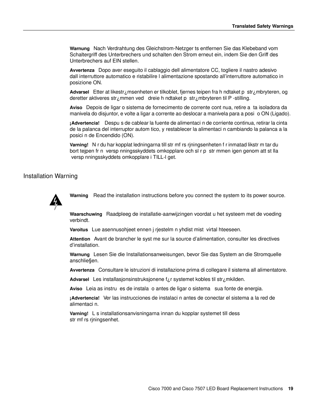 Cisco Systems MAS-7KLED manual Installation Warning 