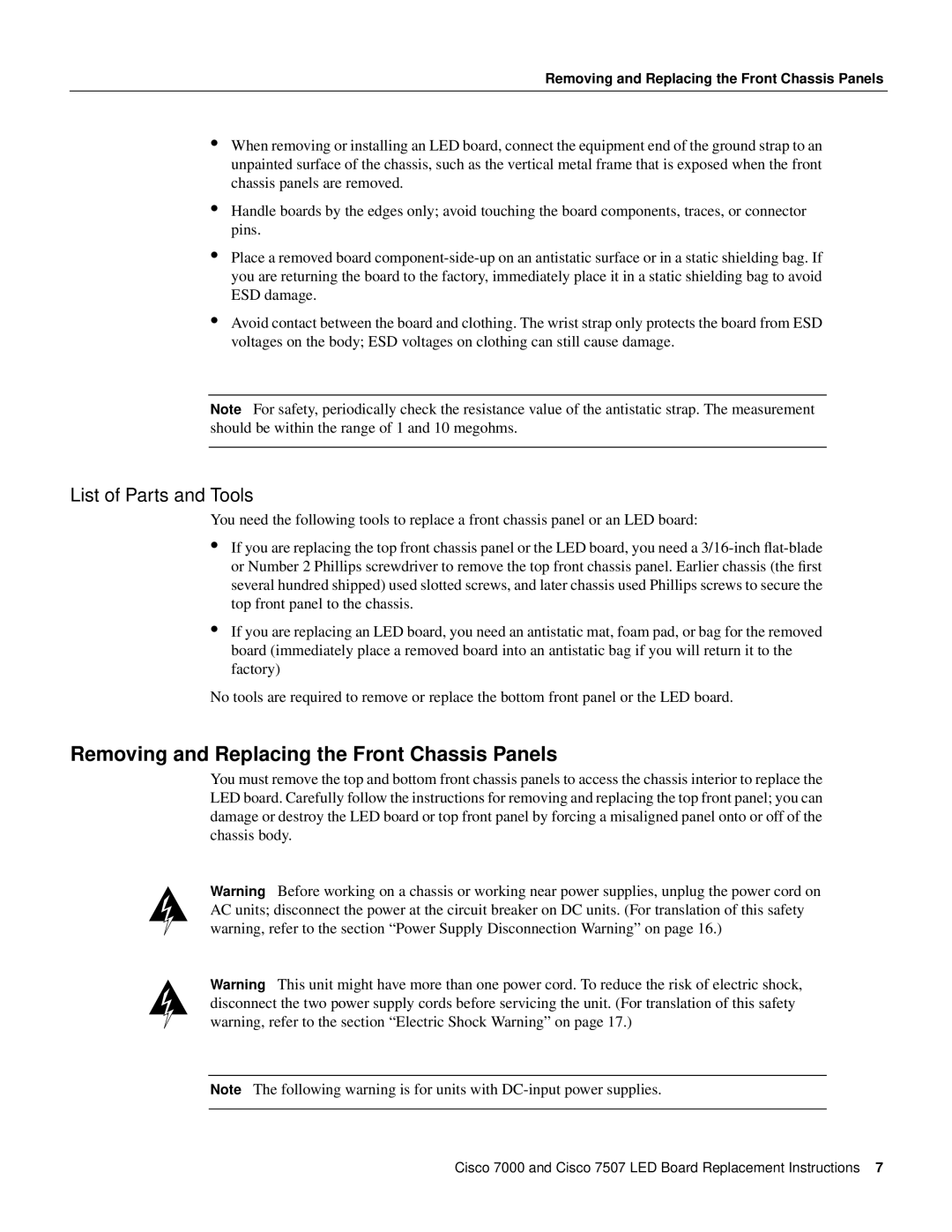 Cisco Systems MAS-7KLED manual Removing and Replacing the Front Chassis Panels, List of Parts and Tools 