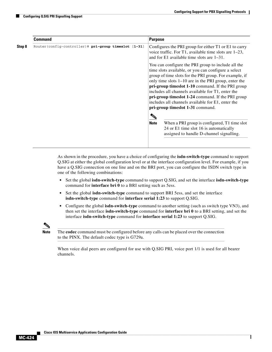 Cisco Systems MC-413 manual Pri-group timeslot 1-31 command, MC-424 