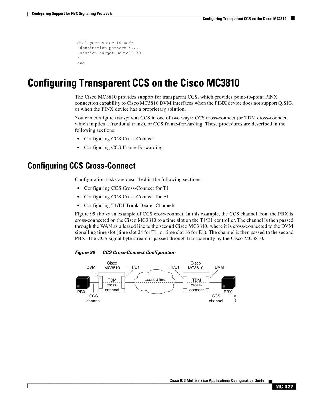 Cisco Systems MC-413 manual Configuring CCS Cross-Connect, MC-427 