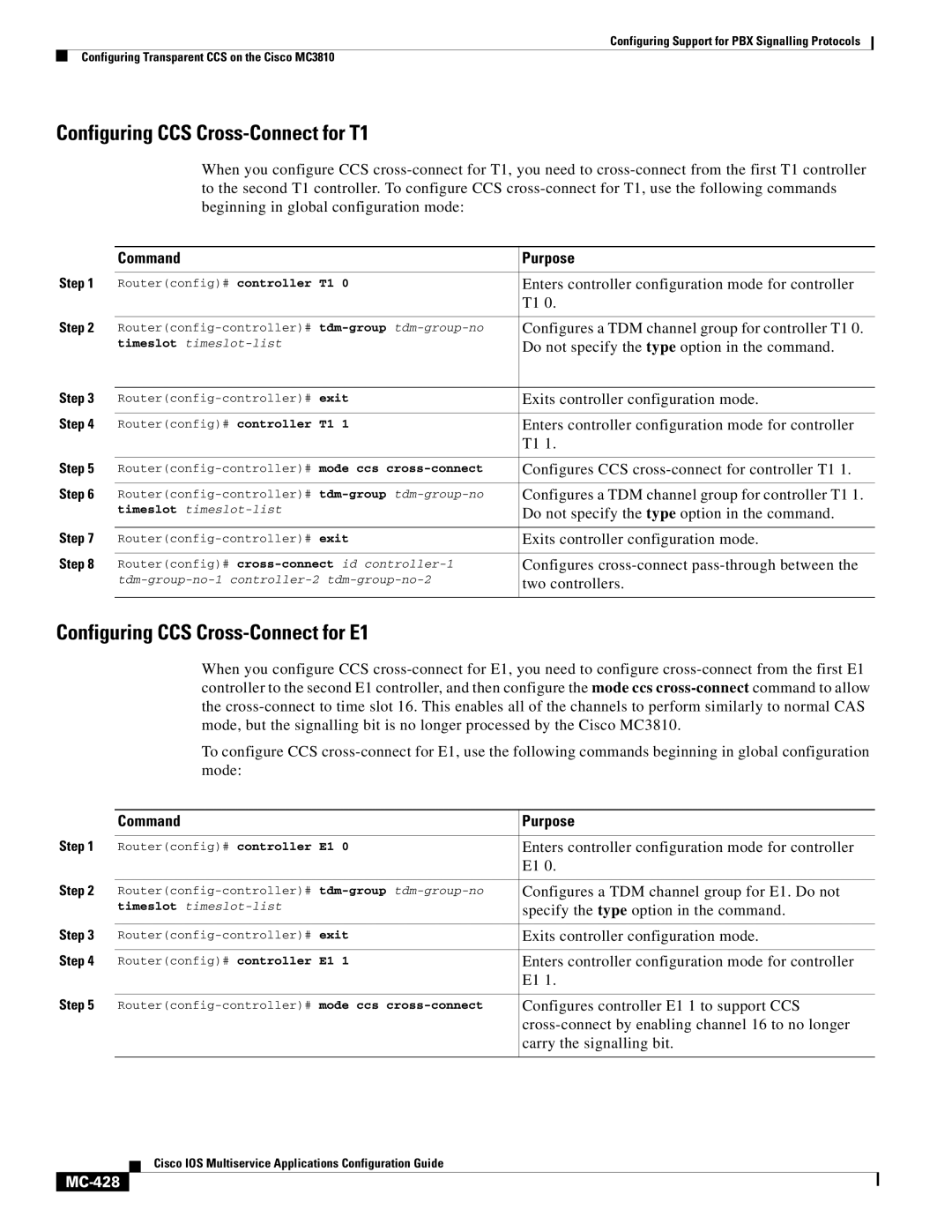 Cisco Systems MC-413 manual Configuring CCS Cross-Connect for T1, Configuring CCS Cross-Connect for E1, MC-428 