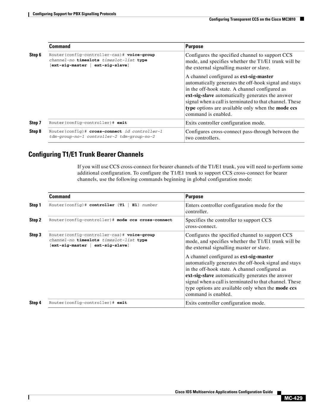 Cisco Systems MC-413 manual Configuring T1/E1 Trunk Bearer Channels, MC-429 