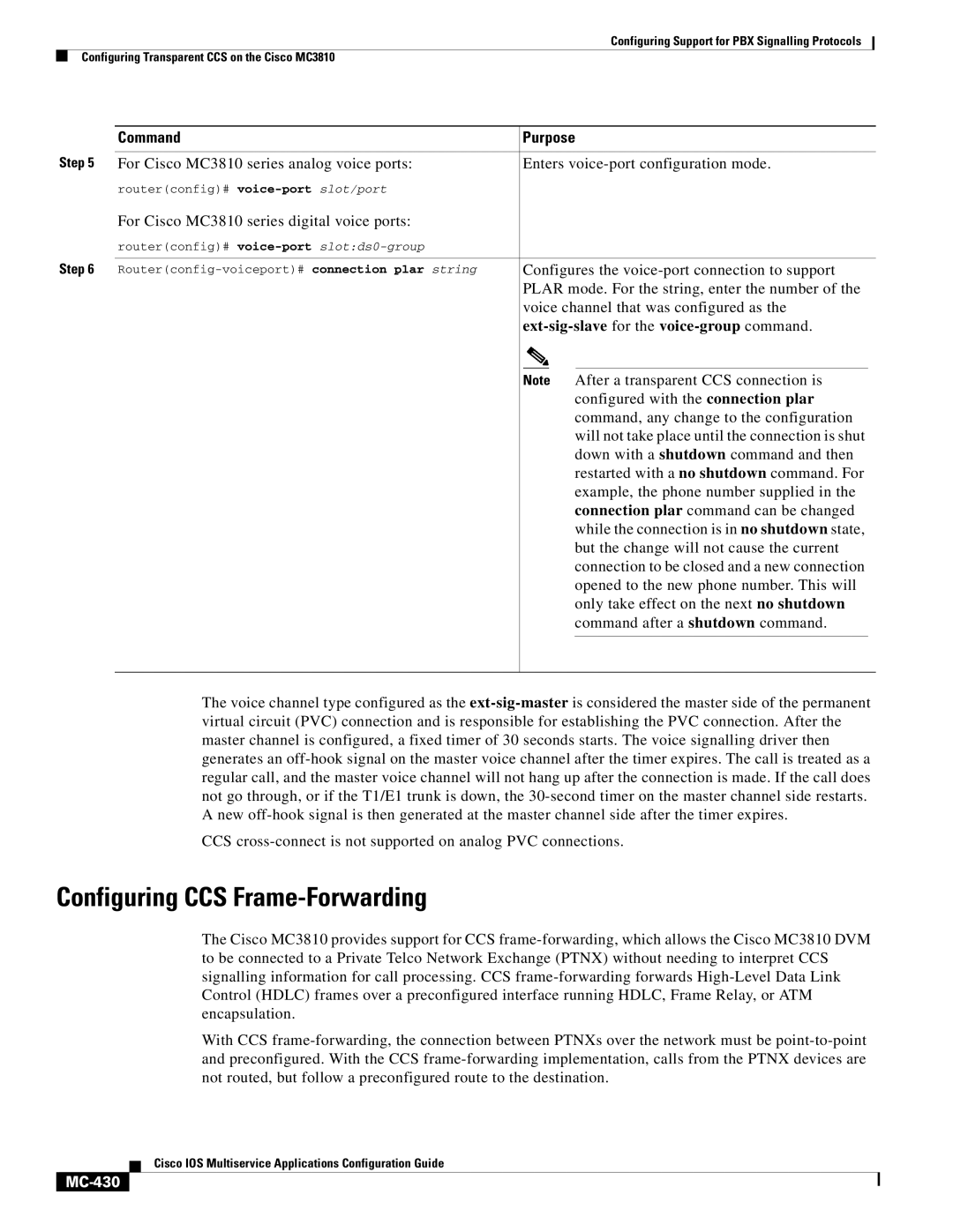 Cisco Systems MC-413 manual Configuring CCS Frame-Forwarding, Ext-sig-slave for the voice-group command, MC-430 