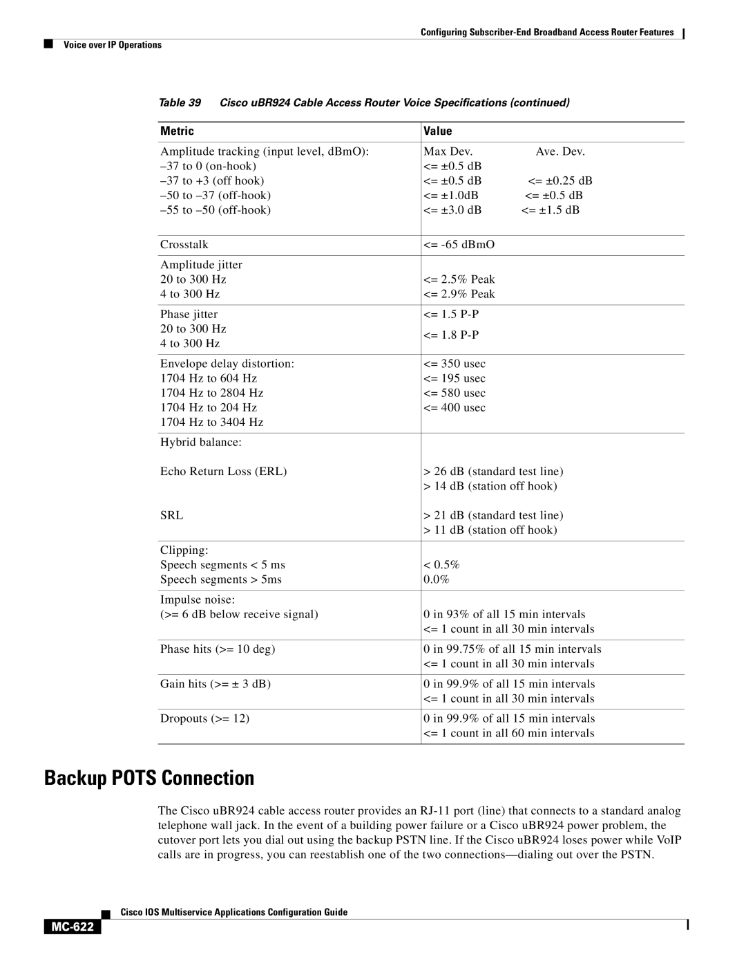 Cisco Systems MC-607 manual Backup Pots Connection, MC-622 