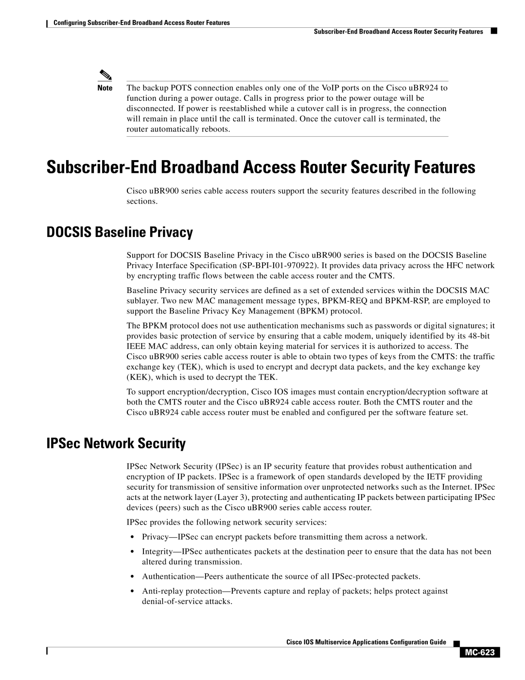 Cisco Systems MC-607 manual Docsis Baseline Privacy, IPSec Network Security, MC-623 