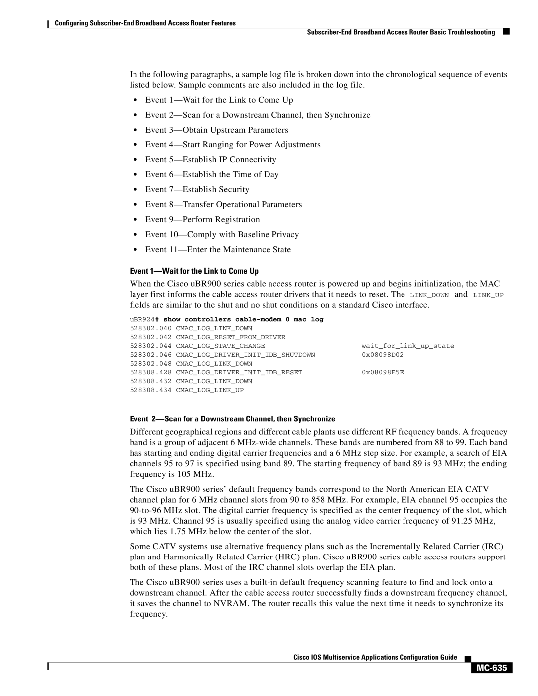 Cisco Systems MC-607 Event 1-Wait for the Link to Come Up, Event 2-Scan for a Downstream Channel, then Synchronize, MC-635 