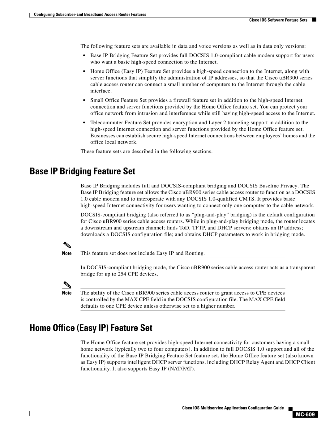 Cisco Systems MC-607 manual Base IP Bridging Feature Set, Home Office Easy IP Feature Set, MC-609 