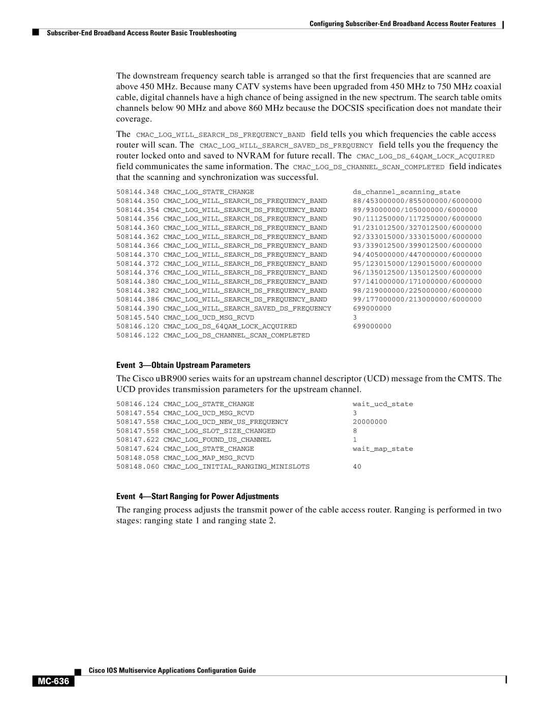 Cisco Systems MC-607 manual Event 3-Obtain Upstream Parameters, Event 4-Start Ranging for Power Adjustments, MC-636 