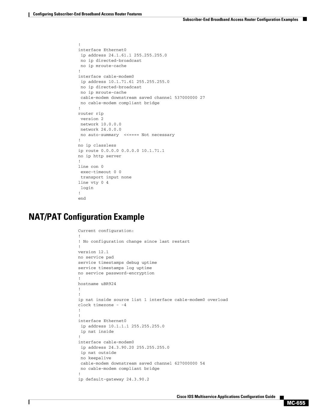 Cisco Systems MC-607 manual NAT/PAT Configuration Example, MC-655 