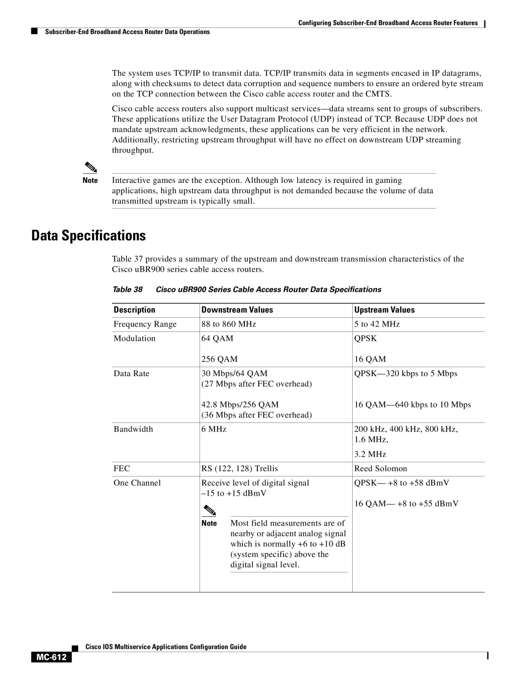 Cisco Systems MC-607 manual Data Specifications, Description Downstream Values Upstream Values, MC-612 