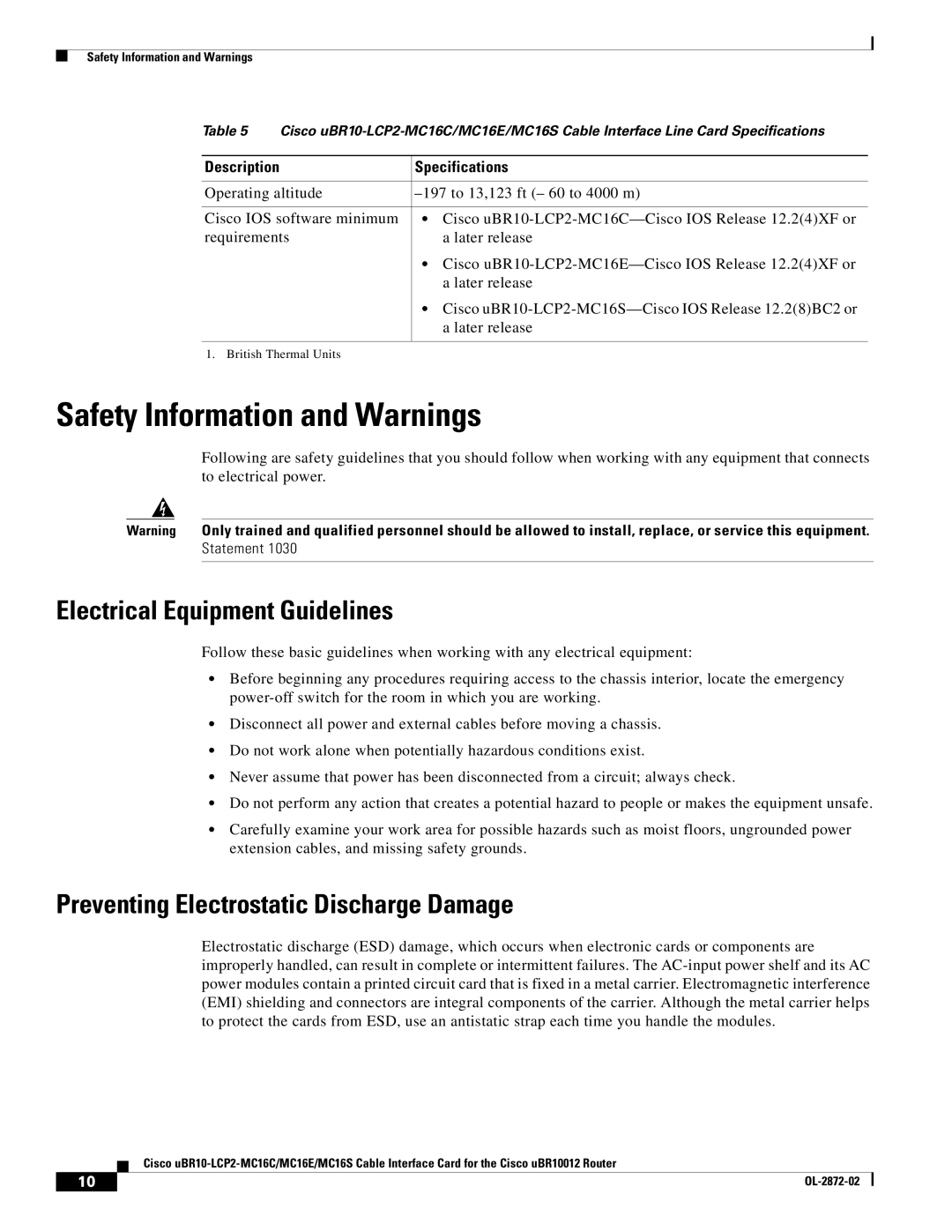 Cisco Systems uBR10-LCP2-MC16E, uBR10-LCP2-MC16S Safety Information and Warnings, Electrical Equipment Guidelines 