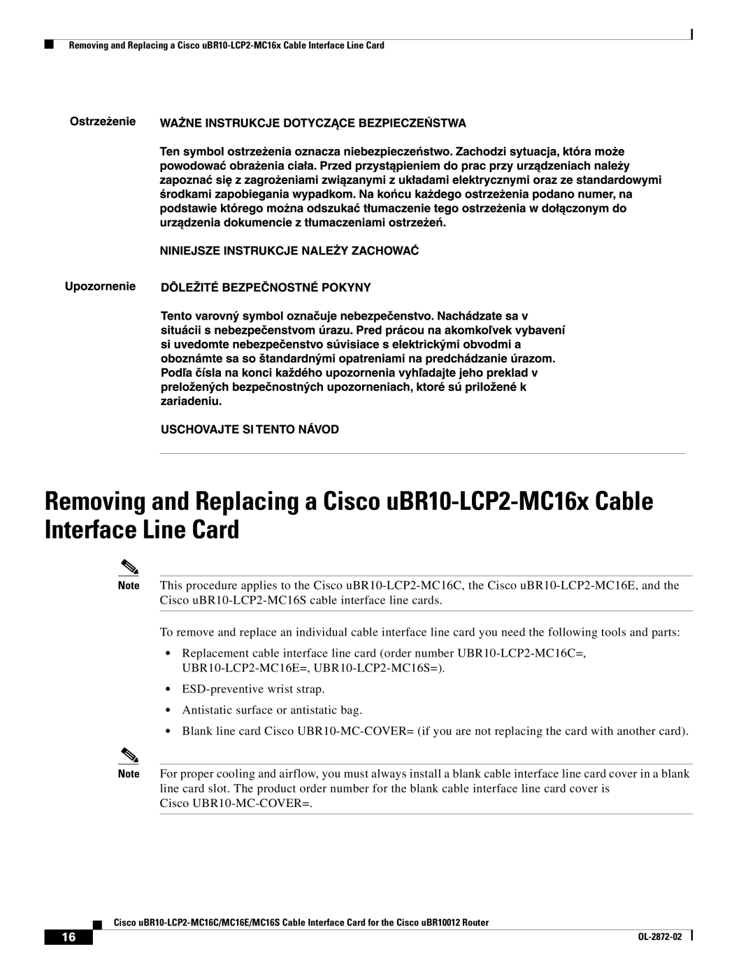 Cisco Systems uBR10-LCP2-MC16E, uBR10-LCP2-MC16S, uBR10-LCP2-MC16C technical specifications OL-2872-02 