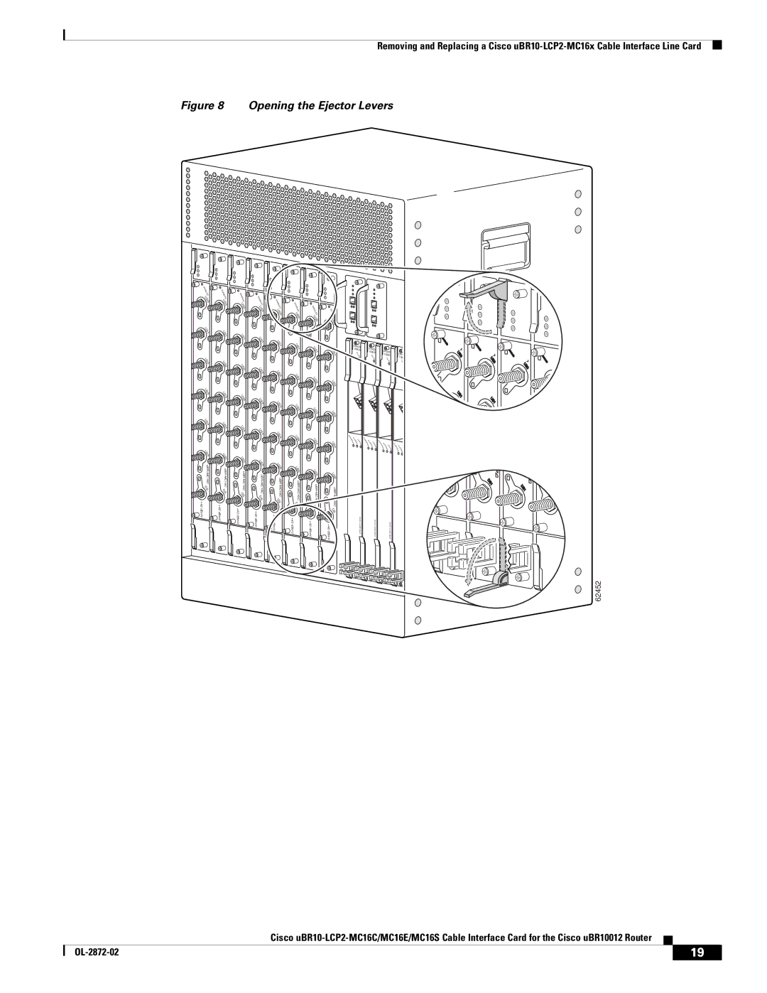 Cisco Systems uBR10-LCP2-MC16C, uBR10-LCP2-MC16E, uBR10-LCP2-MC16S technical specifications Opening the Ejector Levers 